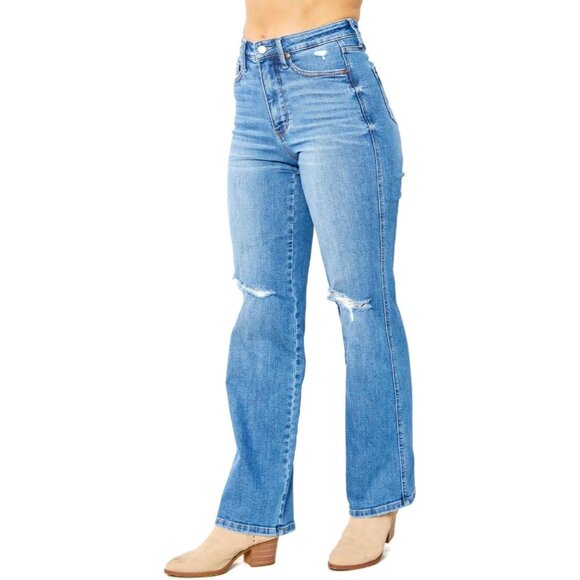 Women's High Waist Tummy Control Distressed Straight Jeans Regular MD - Picture 4 of 5